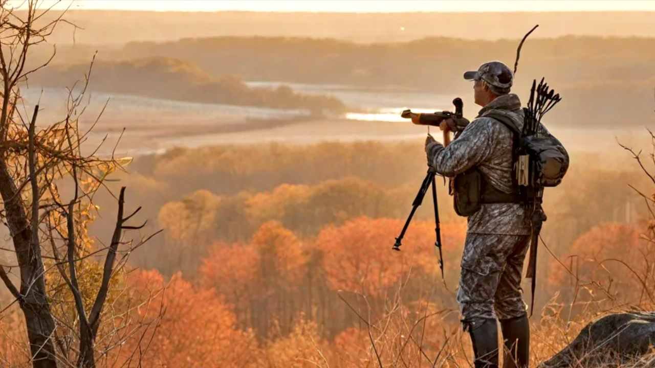 A hunter in camouflage with a bow overlooking the scenic Mississippi landscape at sunrise, with a white-tailed deer visible in the distance