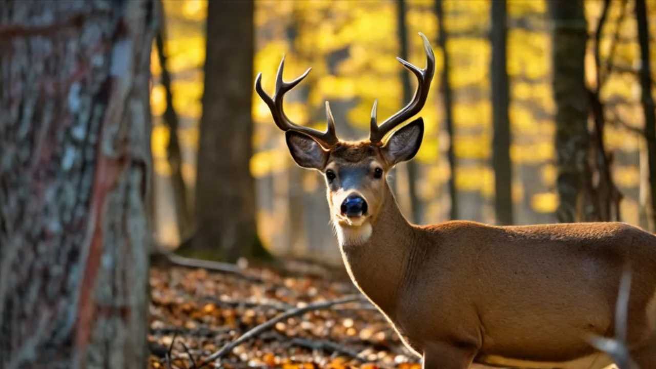 A scenic Tennessee hunting landscape featuring dense woodlands, roaming deer, and vibrant fall foliage—an ideal setting for planning your next hunting trip in the Volunteer State