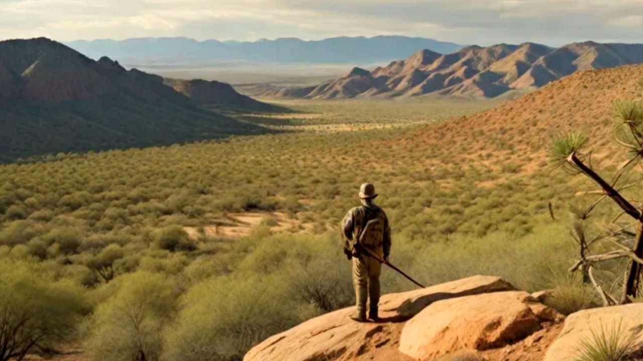 Arizona hunting landscape showing desert mountains and pine forests with a hunter overlooking valleys during the hunting season