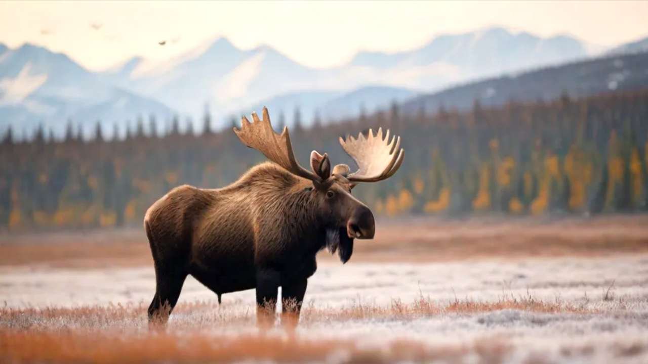 Bull moose standing in misty Alaskan tundra with snow-capped mountains in background during fall hunting season