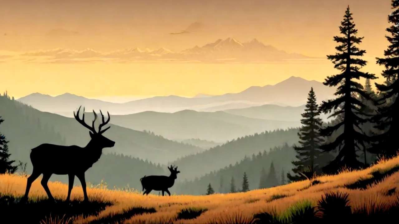 California hunting landscape showing mountains and forest with deer silhouette in foreground, depicting prime hunting terrain in the Golden State