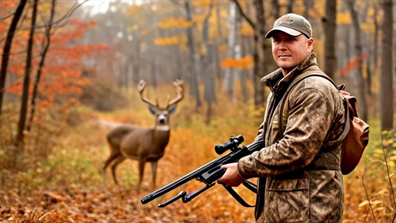 Connecticut hunter in autumn forest with white-tailed deer and fall foliage in background, showcasing the state's hunting seasons
