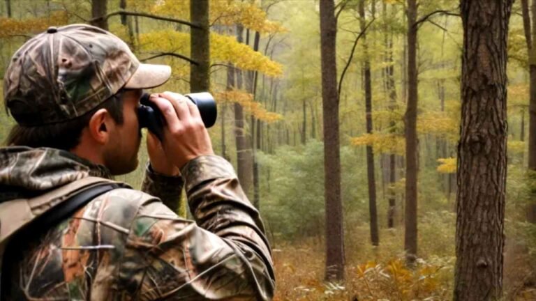 Hunter in camouflage with binoculars overlooking a South Carolina forest landscape during prime deer season