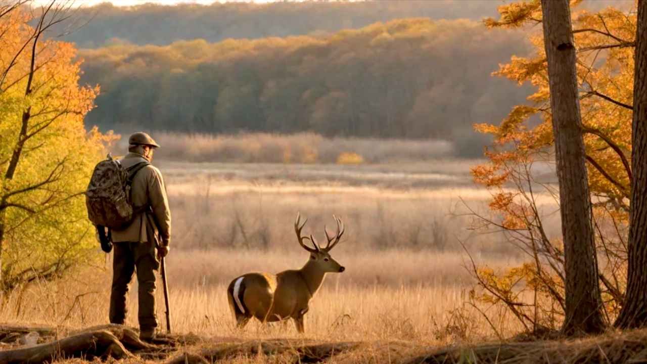 Hunter in woodland setting with Arkansas wildlife including deer, turkey, and waterfowl against backdrop of Natural State terrain