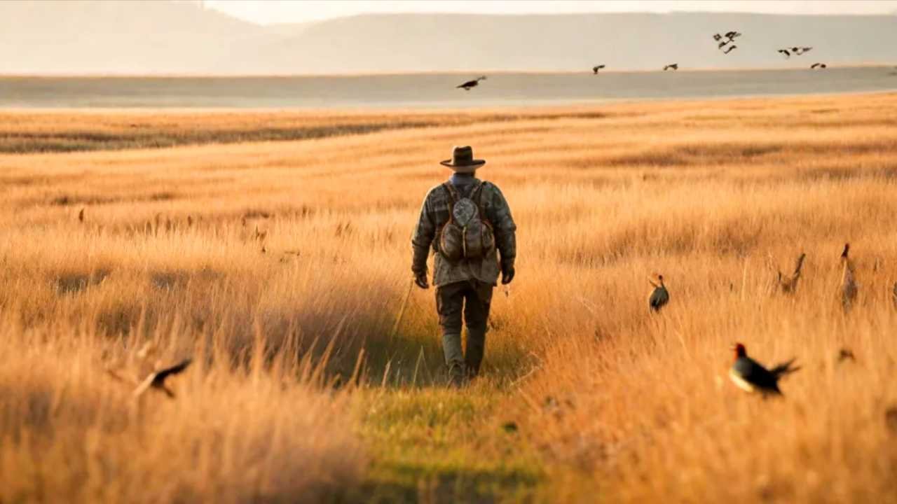 Hunter walking through golden South Dakota prairie field with pheasants taking flight during fall hunting season