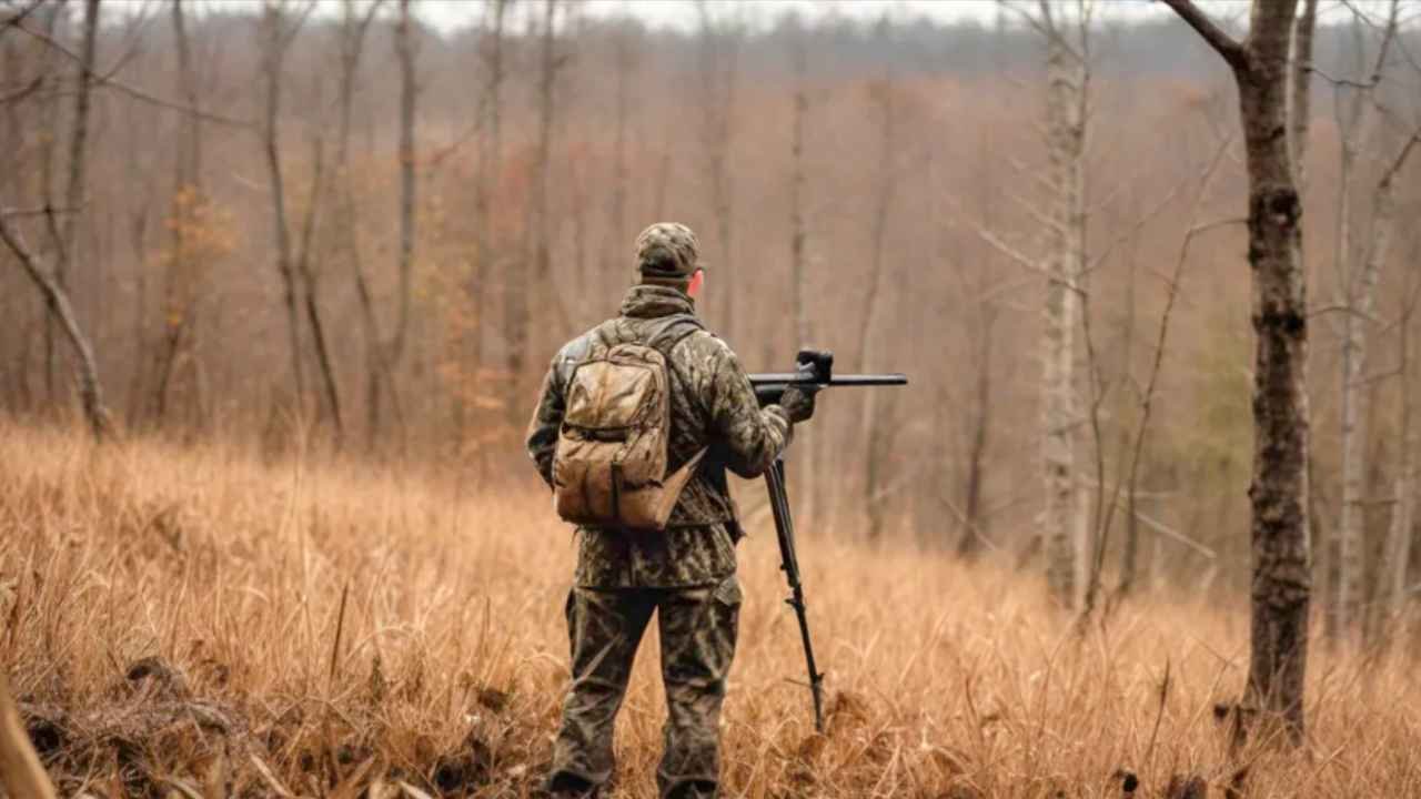 Louisiana deer season scene showing a camo-clad hunter surveying a mix of woodland and open field terrain