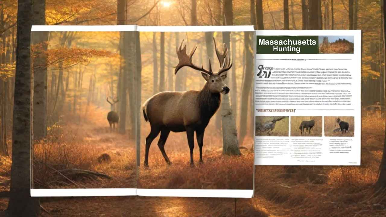 Massachusetts hunting season guide showing deer, turkey and bear seasons with wildlife in forest setting