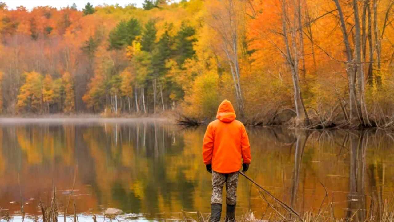 Minnesota hunting landscape with forests and lakes during fall hunting season with a hunter in blaze orange gear