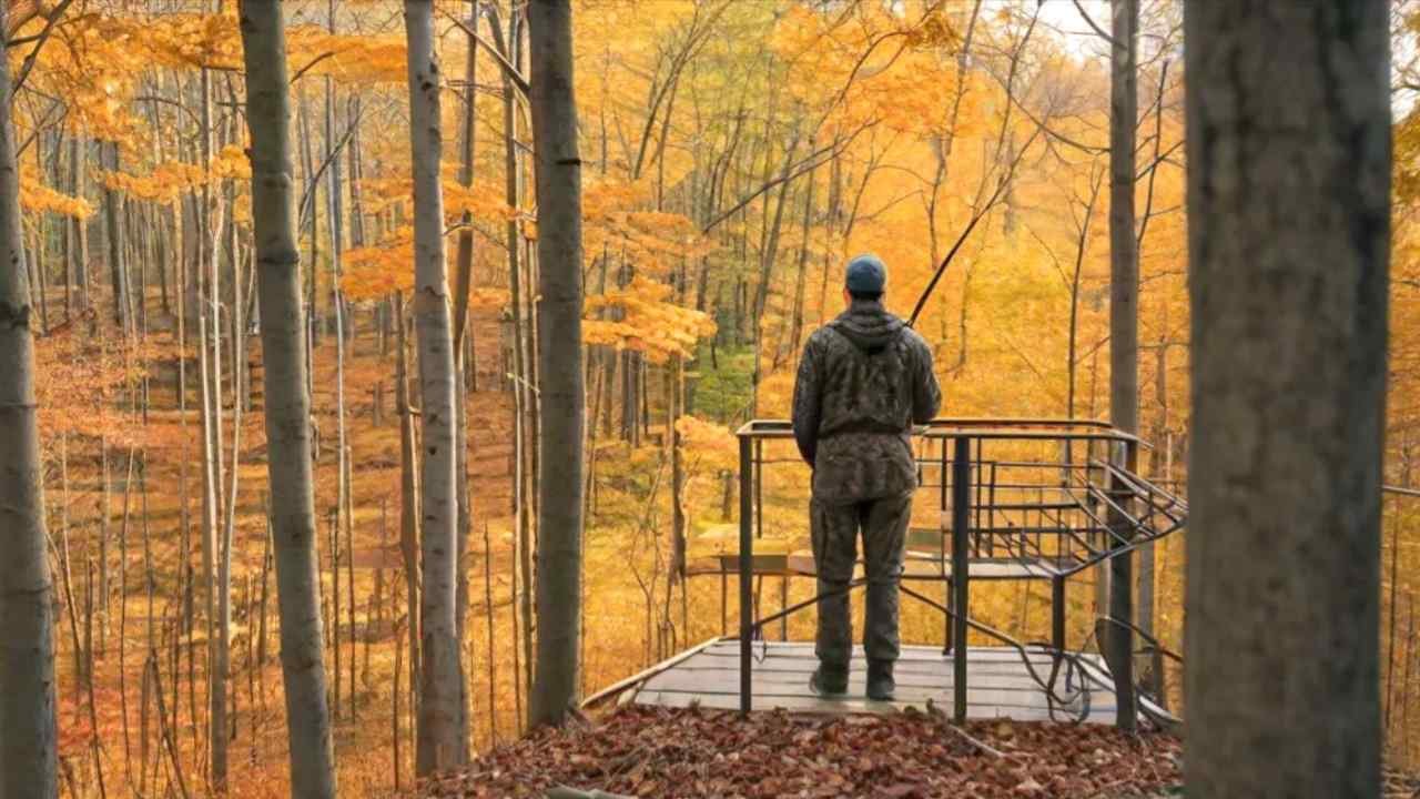 Oklahoma hunting landscape showing deer stand overlooking autumn forest with hunter
