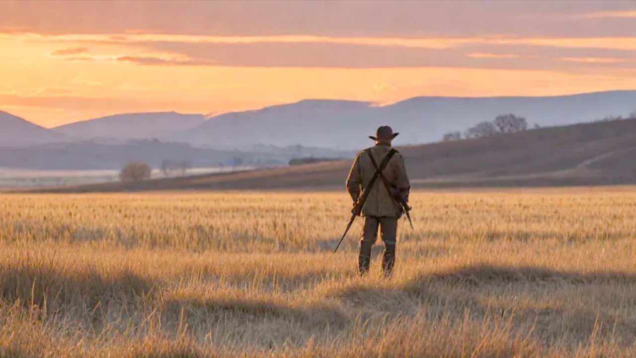 Panoramic view of North Dakota prairie landscape with hunter against sunset during hunting season