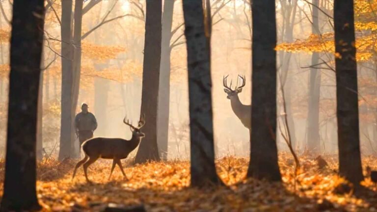 Pennsylvania hunting season guide showing a hunter in autumn woods with white-tailed deer and turkey silhouettes in the background