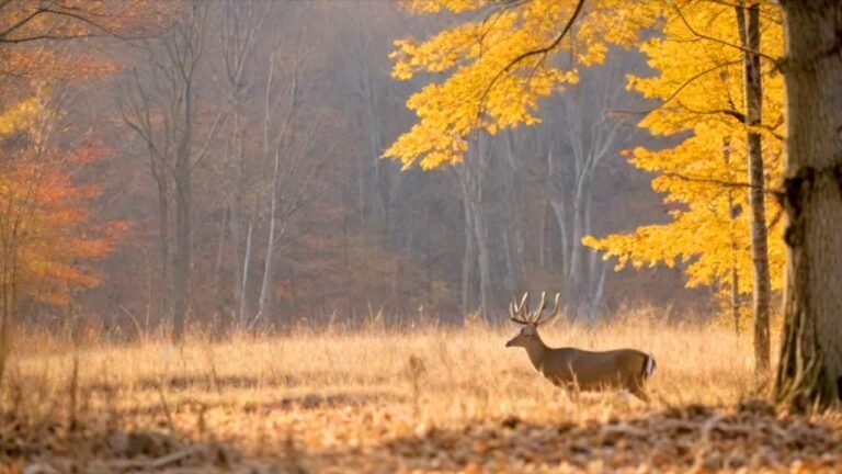 Scenic Ohio hunting landscape with wooded terrain, white-tailed deer, and wild turkey during fall season