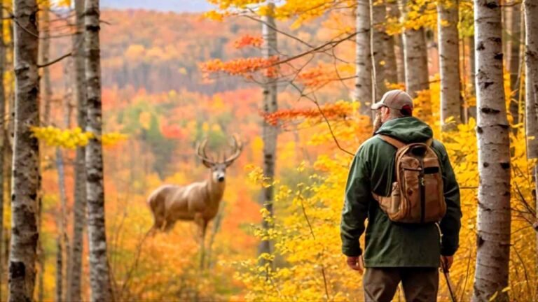 Vermont hunter in autumn forest with fall foliage and mountains in background during deer hunting season