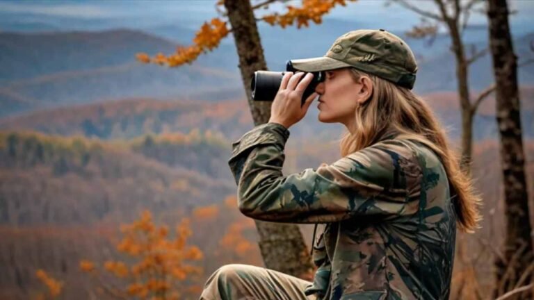 Virginia hunter in camouflage with rifle overlooking Blue Ridge Mountains during deer season with whitetail buck in the distance