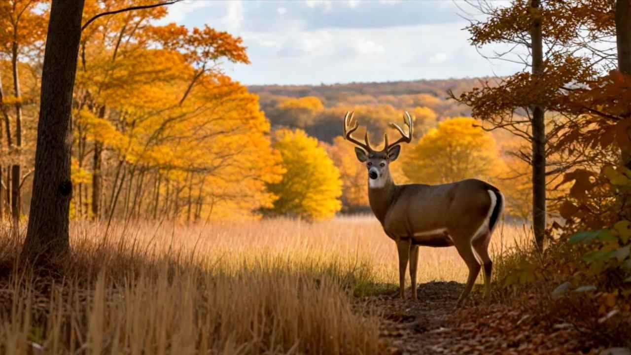 Whitetail deer buck in New Jersey woodland habitat with fall foliage and wetlands in background, highlighting the state's diverse hunting opportunities for the season