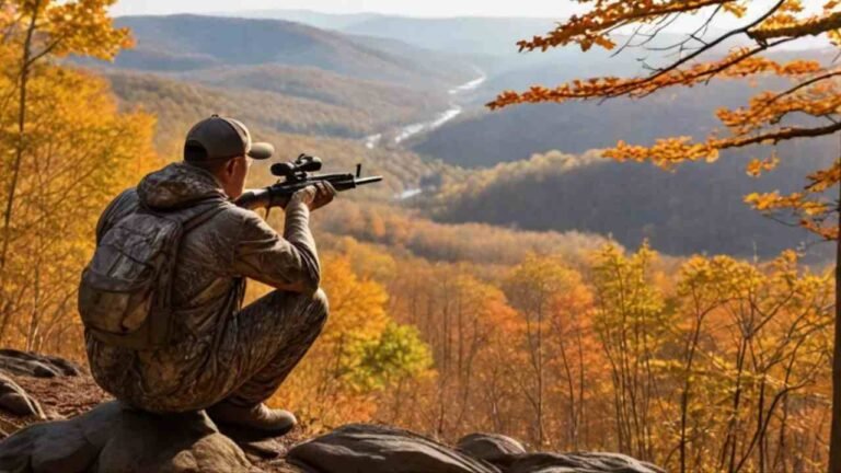 Hunter in camouflage overlooking scenic West Virginia forest landscape with rifle during fall deer season