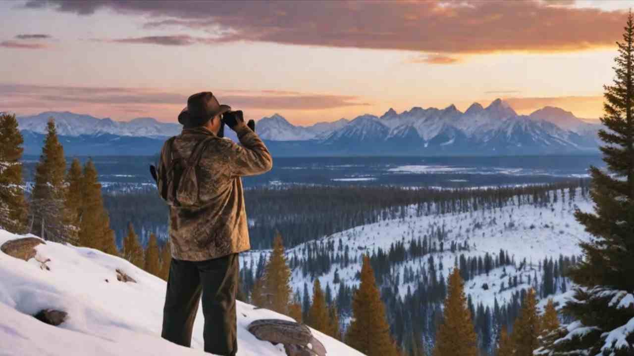 Scenic mountain landscape in Wyoming with a hunter glassing for big game through binoculars at sunrise, with pine trees in the foreground and snow-capped peaks in the background