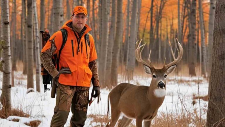 Wisconsin hunting seasons guide showing a hunter in blaze orange with whitetail deer in northwoods landscape