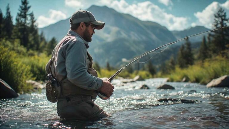 Angler casting dry fly on mountain stream in Colorado’s high country during summer day