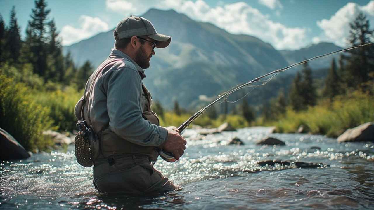 Angler casting dry fly on mountain stream in Colorado’s high country during summer day