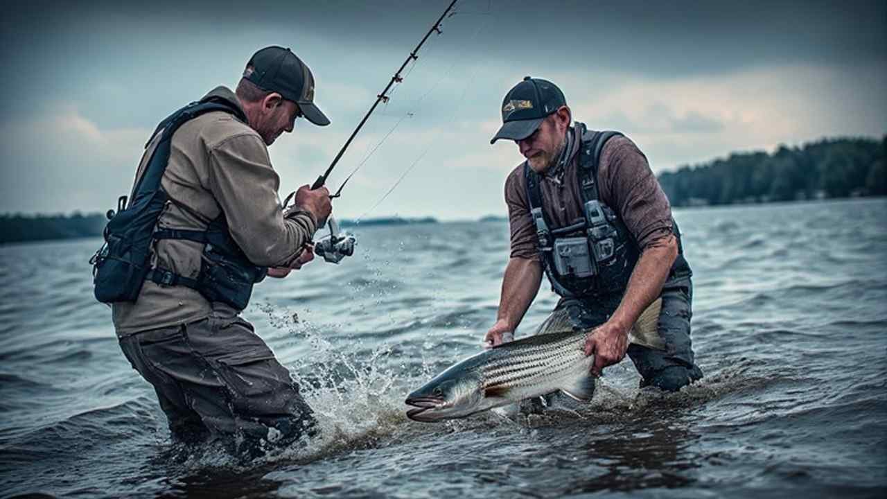 Angler releasing striped bass into tidal waters along the Delaware River