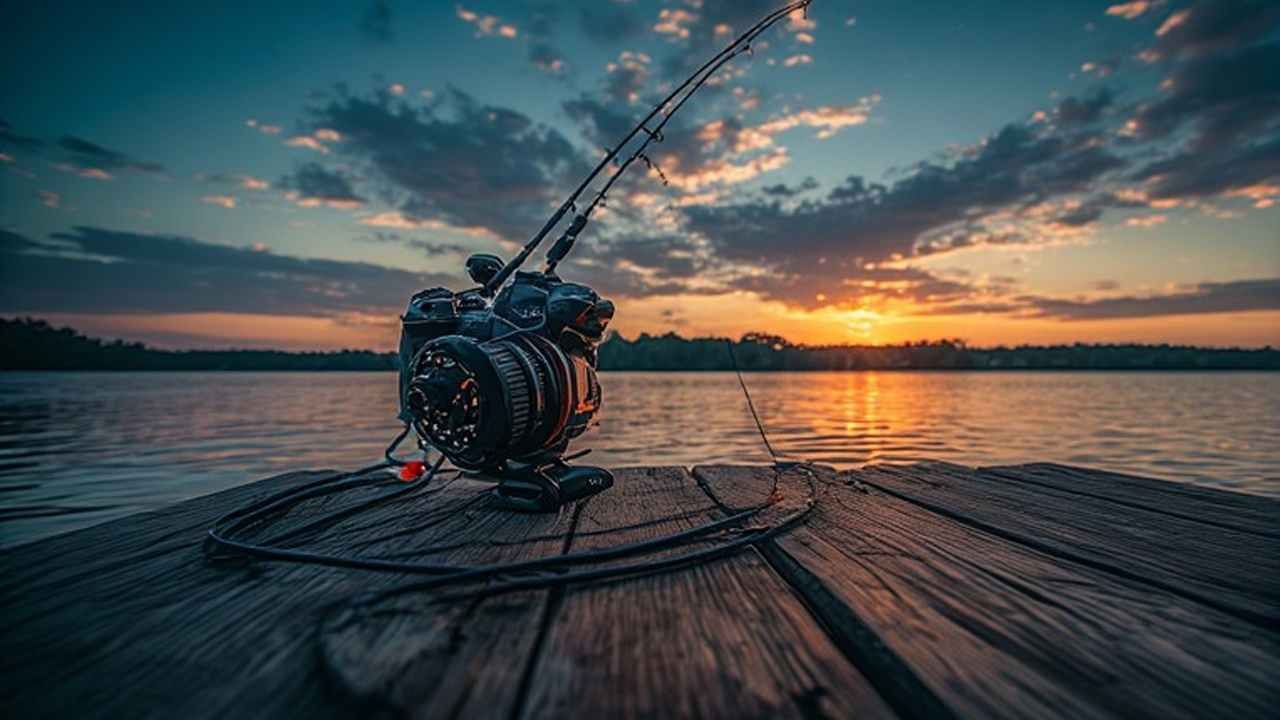 Catfish rig setup on Lake Ouachita dock at sunset