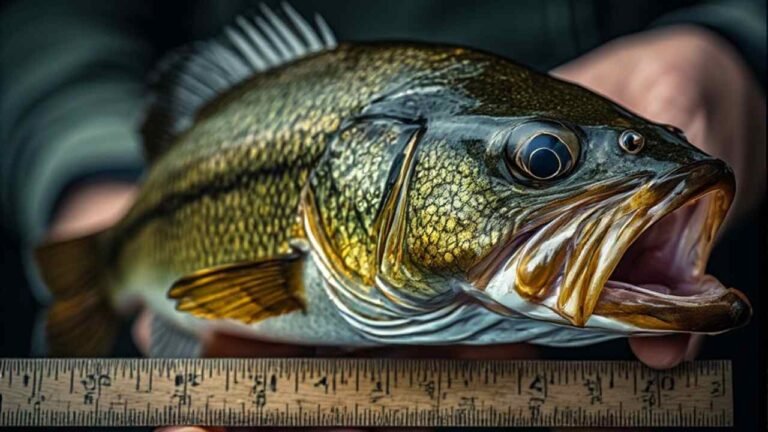 Close-up of measuring a largemouth bass on a ruler in Alabama
