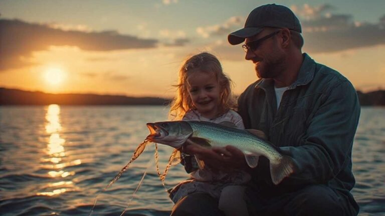 Father and daughter holding stringer of catfish at lake sunset