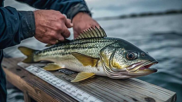Measuring a legal-length fish on a ruler board at an Arizona boat ramp