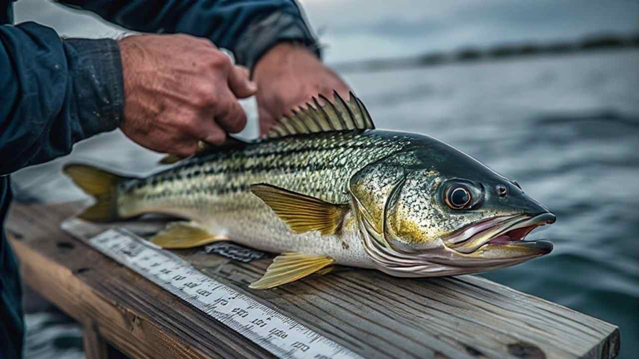 Measuring a legal-length fish on a ruler board at an Arizona boat ramp