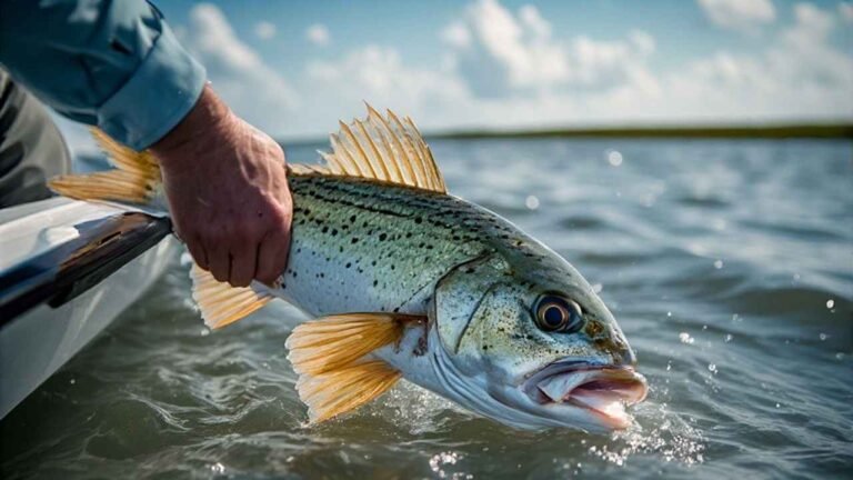 Spotted seatrout being released over the side of a flats skiff, Indian River Lagoon