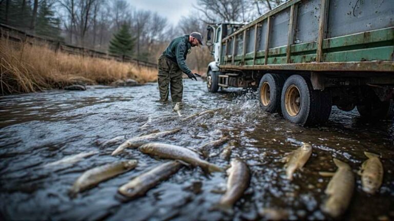 Trout stocking truck releasing fish into a Connecticut state park stream