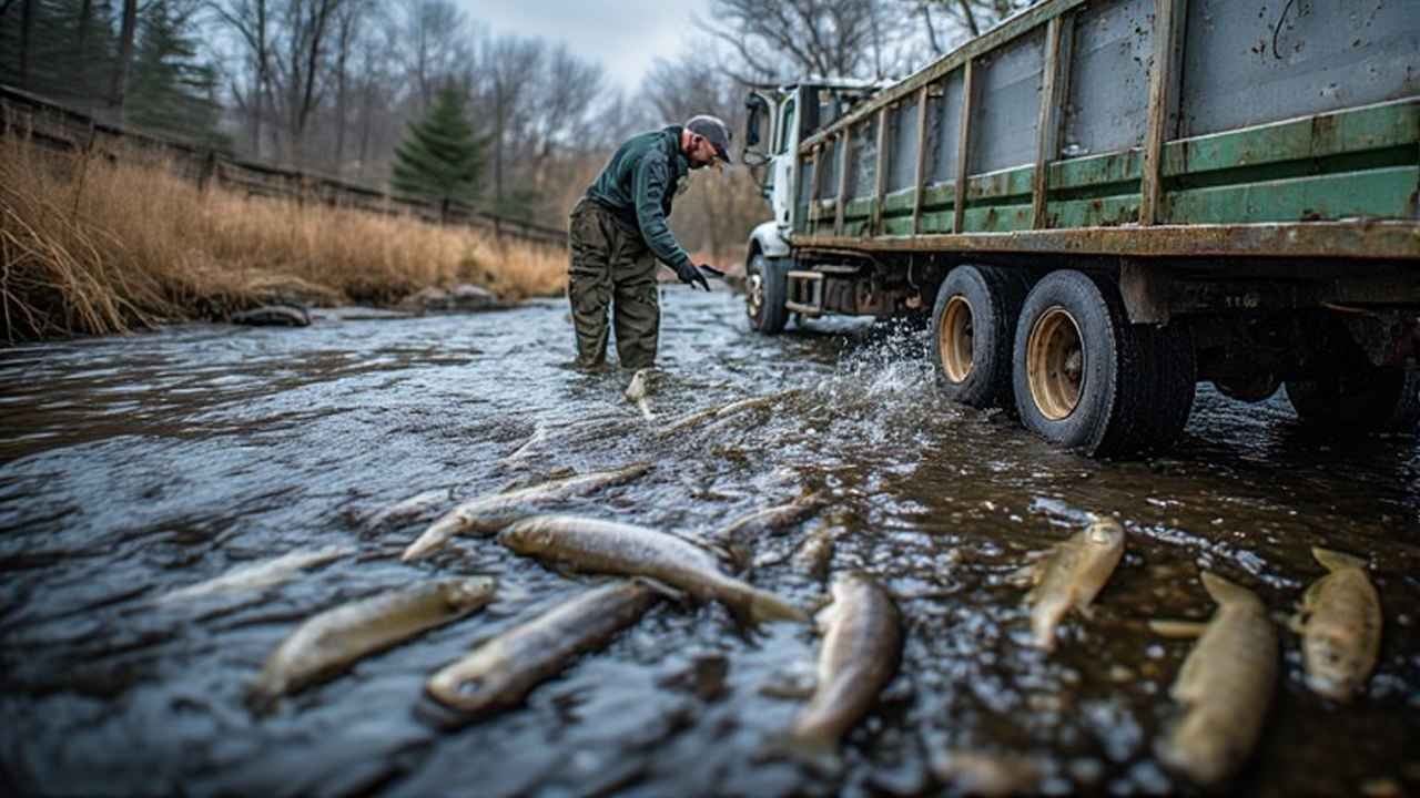 Trout stocking truck releasing fish into a Connecticut state park stream